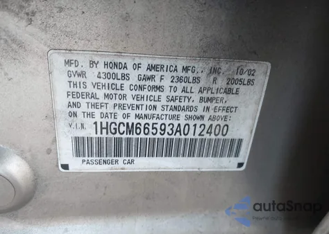 2003 Honda Accord 3.0 Ex z USA, uszkodzony, nr VIN 1HGCM66593A012400